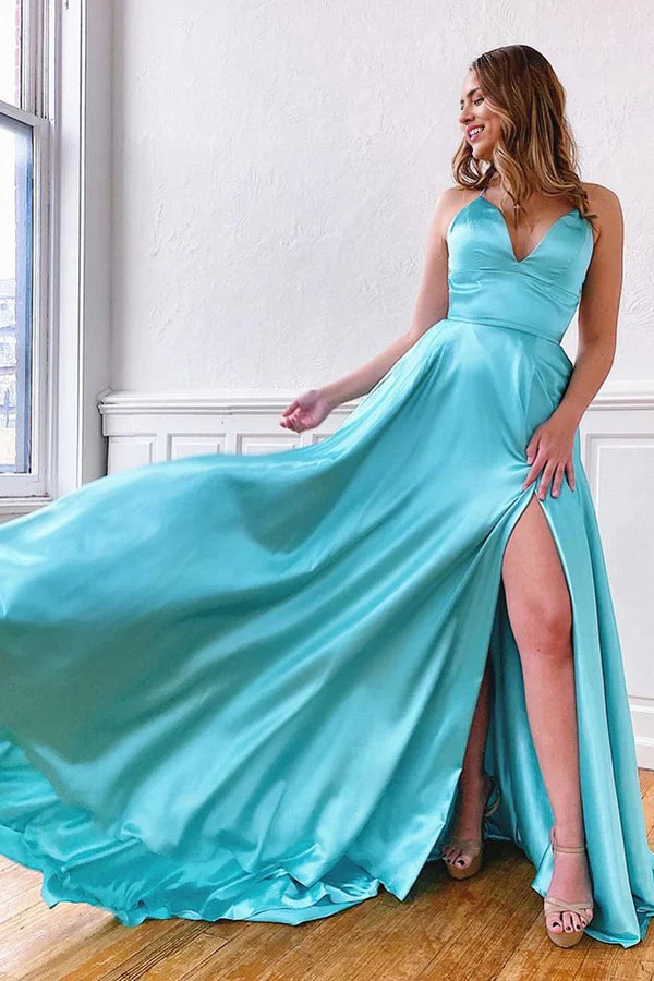 Vestido de fiesta largo de satén con encaje, tirantes finos, escote en V y abertura en la espalda